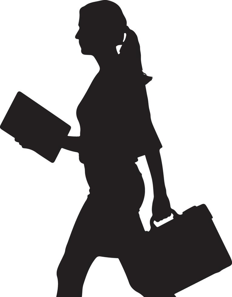 Silhouette of a businesswoman walking with briefcase and document in hand, career success vector