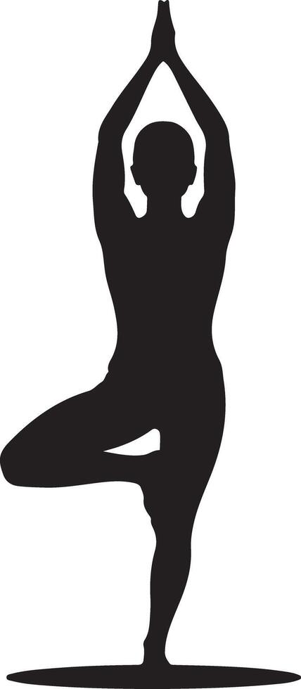 Silhouette of woman in tree pose, demonstrating yoga and wellness, origin graphic vector