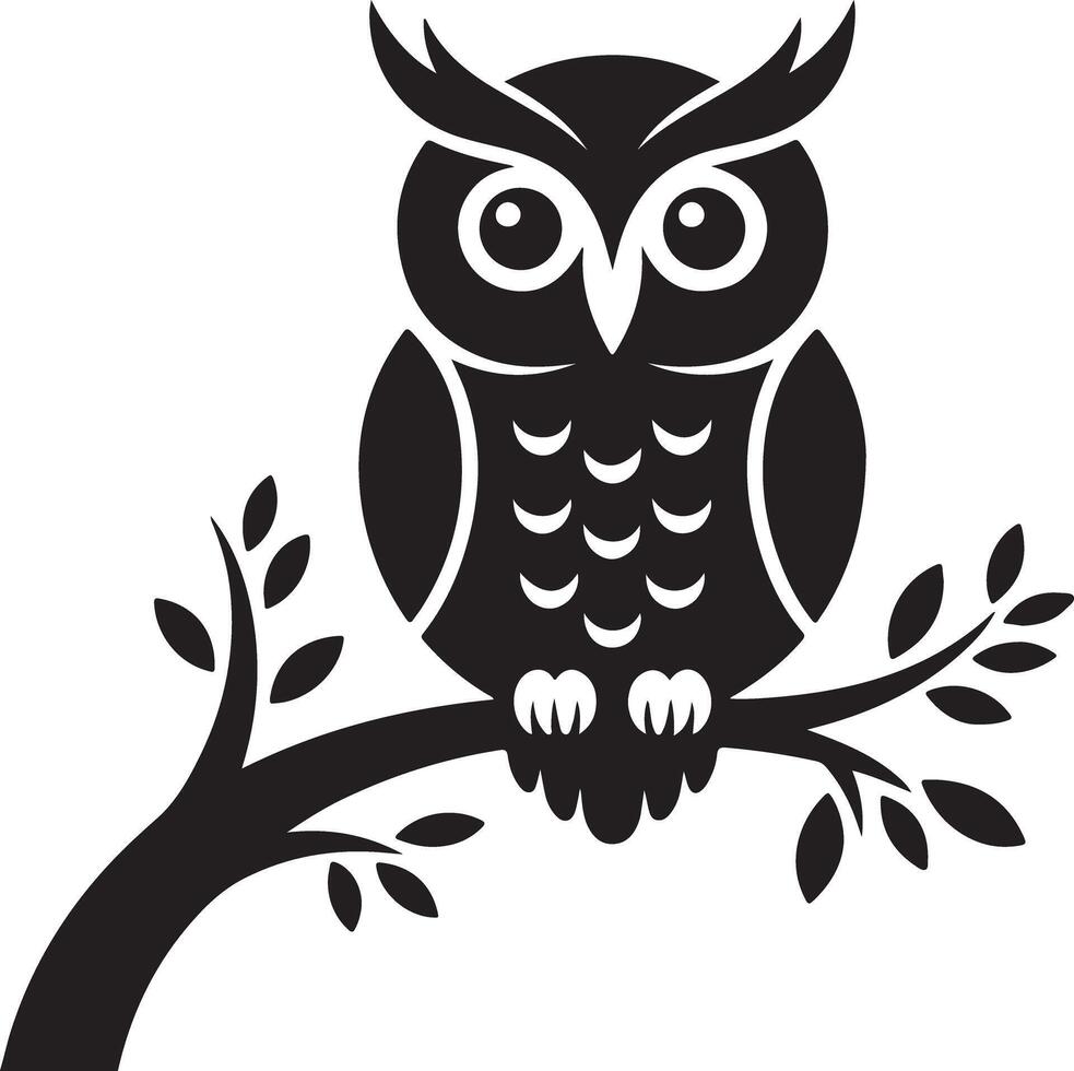 Stylized owl perched on tree branch, simple design, wildlife, nature, and woodland scene vector