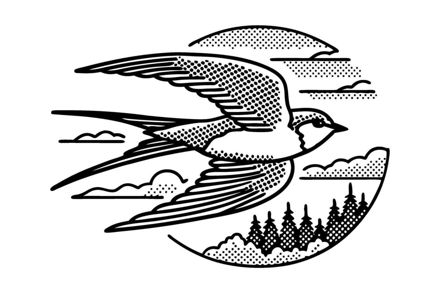 Swallow bird in flight over forest landscape black and white vintage tattoo with natural clouds and trees vector