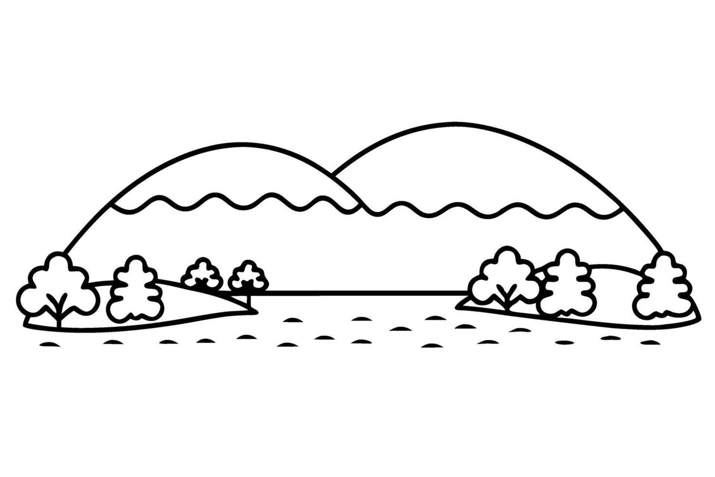 Minimalist landscape outline with mountains, trees and river simple nature line art illustration vector