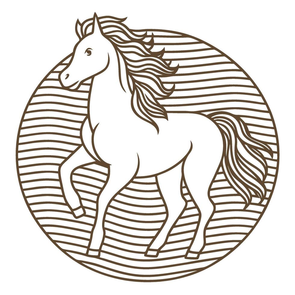Graceful horse illustration in circle with flowing mane, elegant line art, equine beauty, minimalist animal design vector