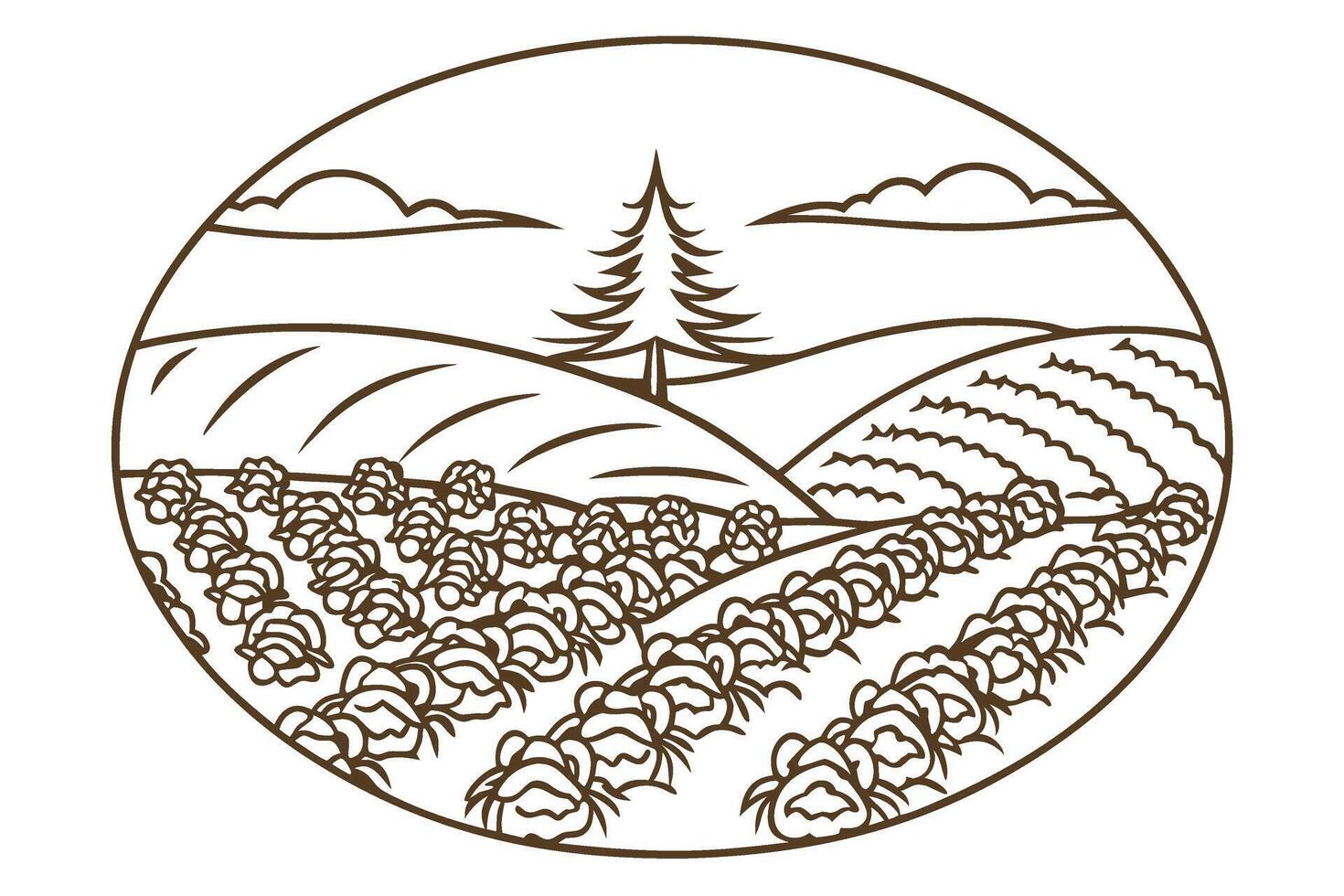 Idyllic rural landscape with rolling hills, tree, and vegetable fields nature farming, agriculture countryside scene vector