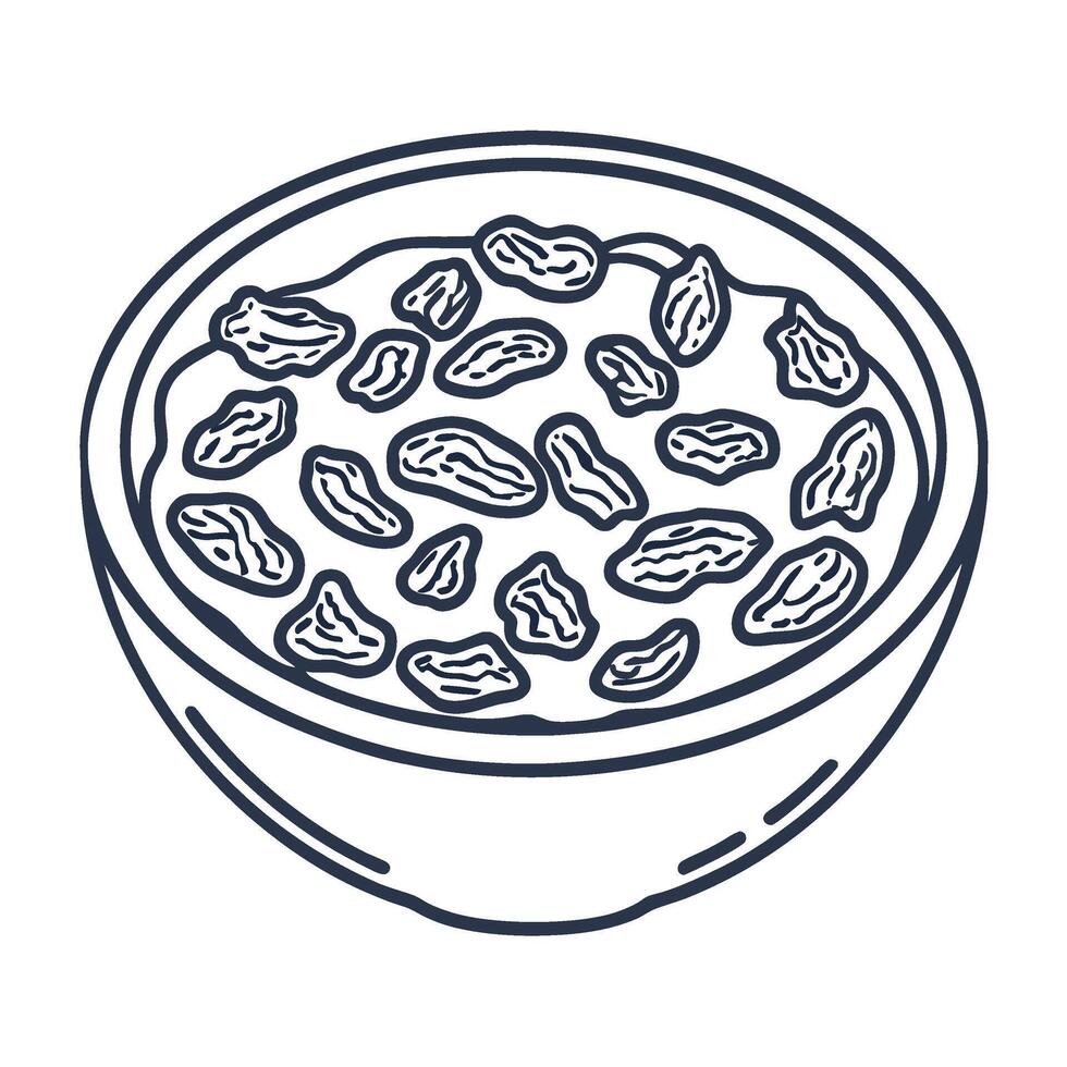 Bowl of healthy oatmeal with raisins nutritious breakfast meal, simple hand drawn line illustration vector