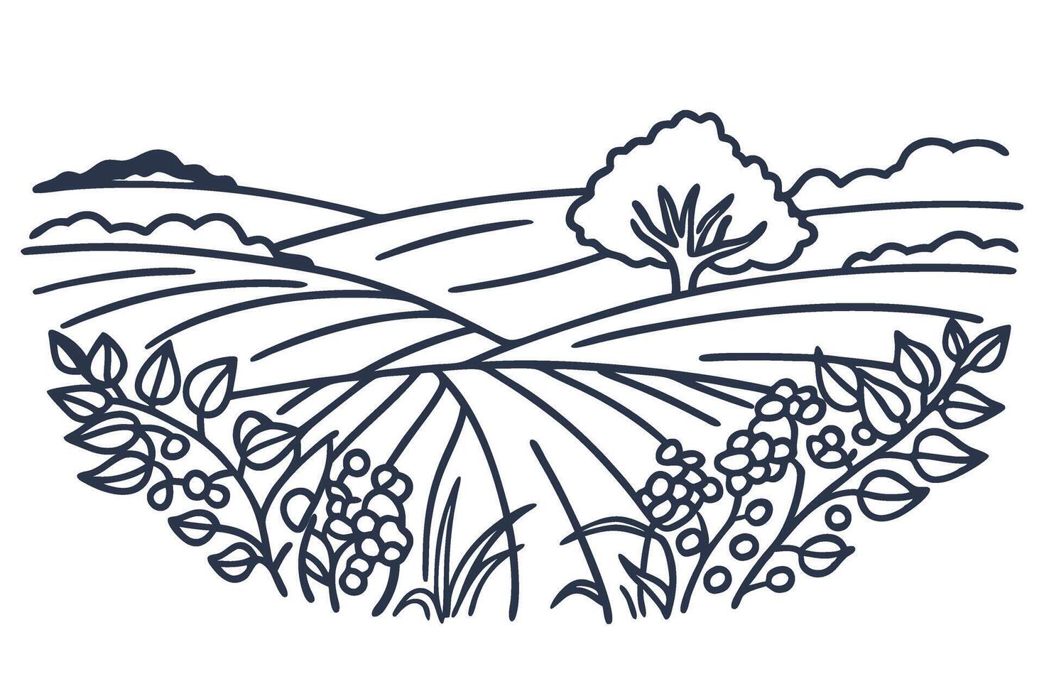 Rural farmland landscape line art with tree, fields, hills, and crops countryside agriculture eco illustration vector