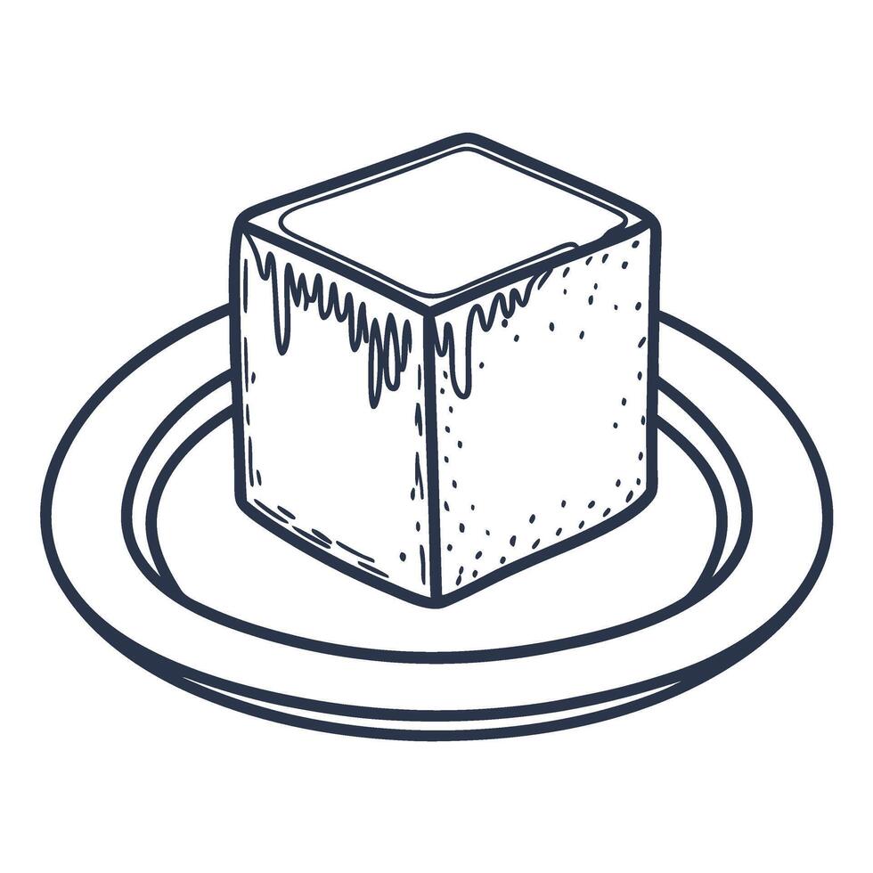 Cube shaped butter pat on plate simple sketch illustration of dairy food, melting cream, breakfast serving vector