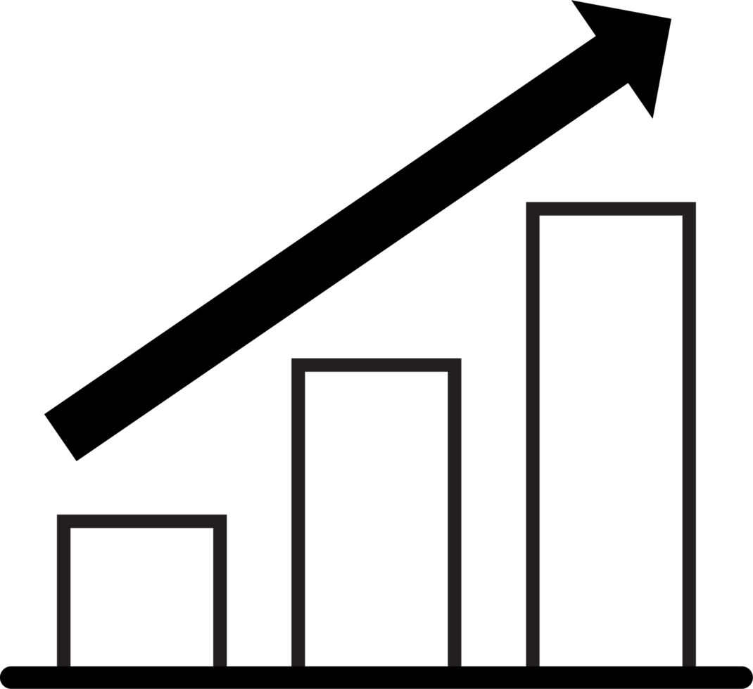 Minimalist black and white illustration featuring a bar chart with an upward arrow, symbolizing growth, positive progress, or business success png