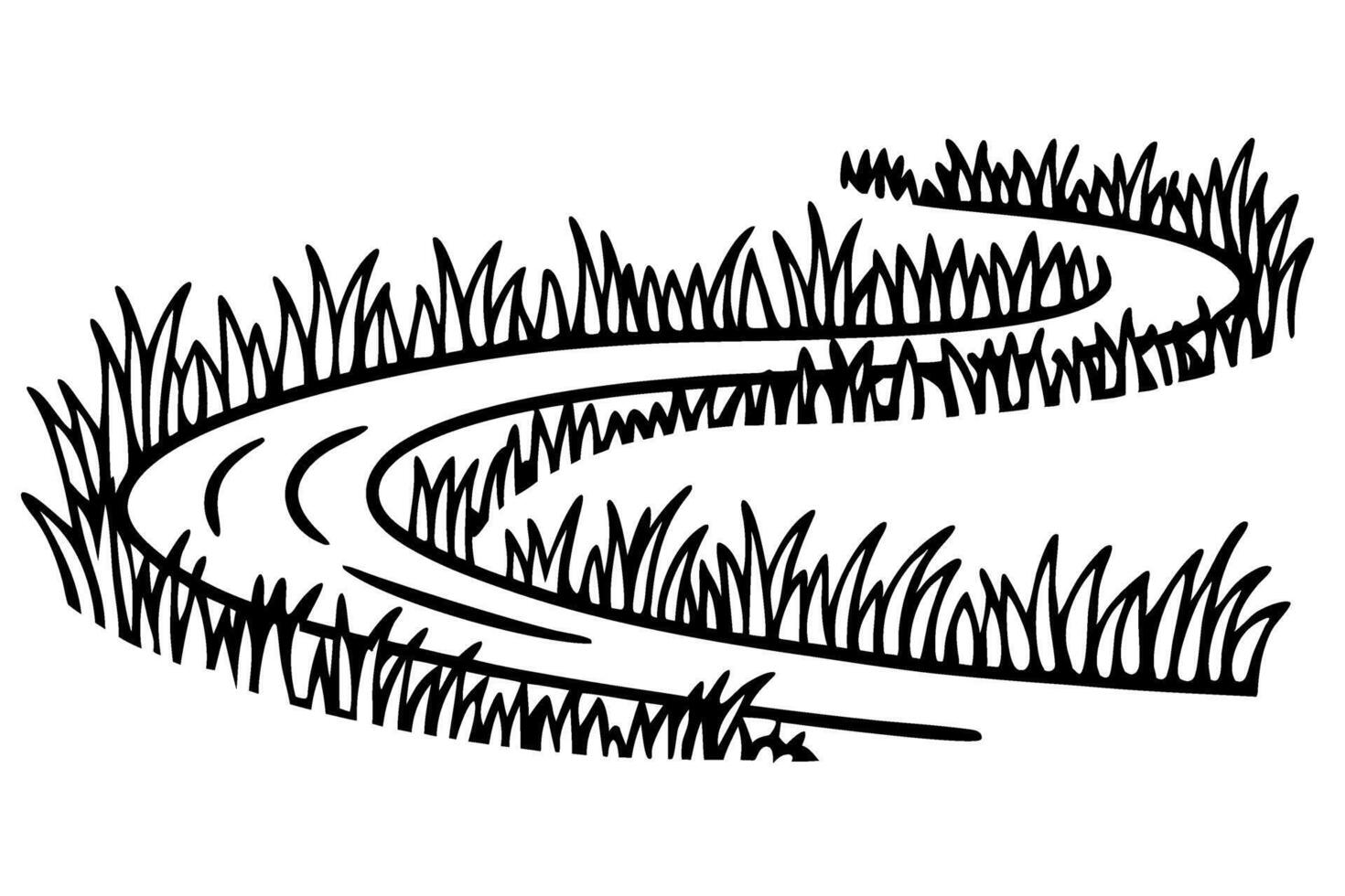 Curving path winding through tall grass simple black and white illustration, nature trail concept, summer landscape vector