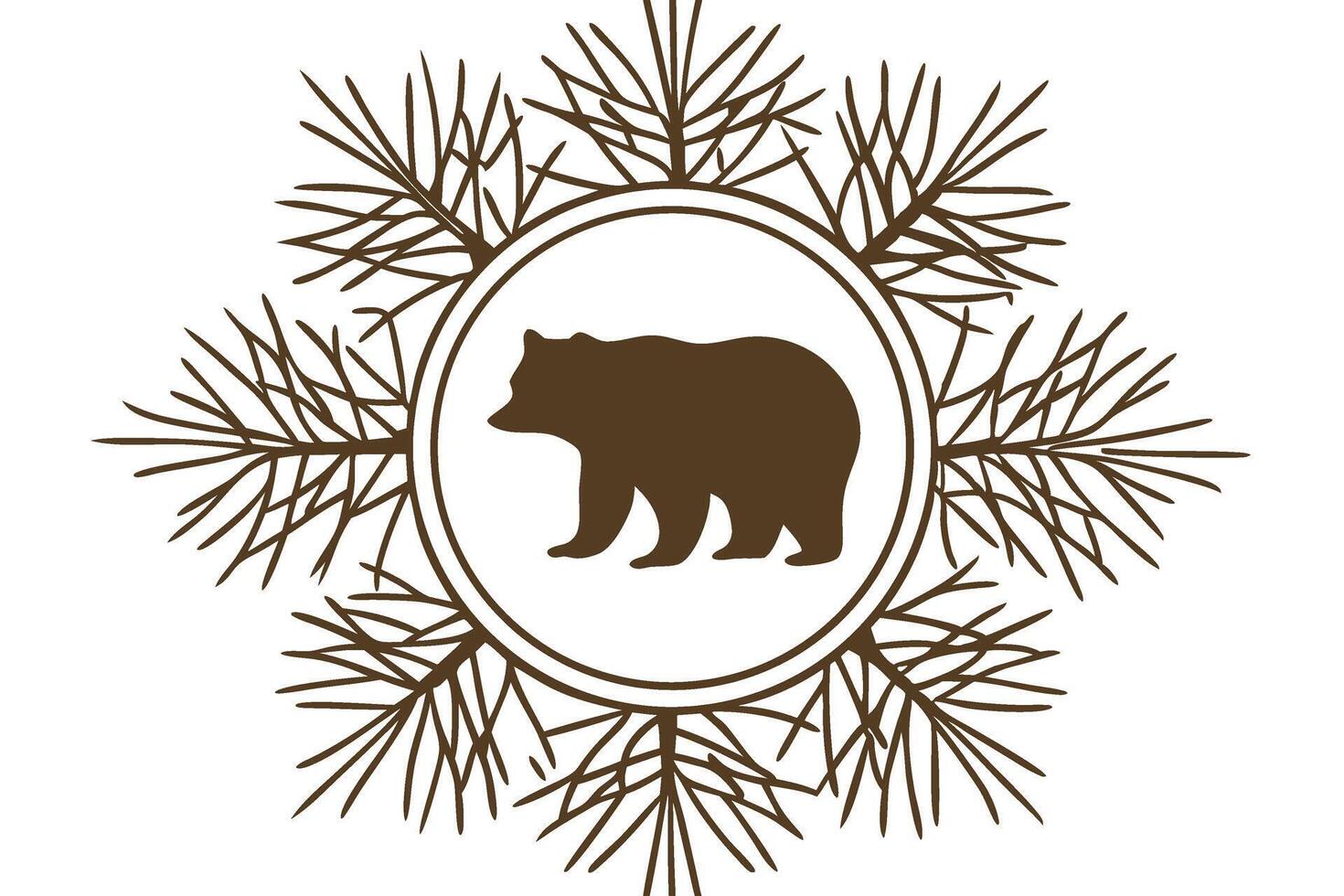Bear silhouette in circle with pine branch pattern forest animal theme, rustic wilderness design, symbolizing nature vector