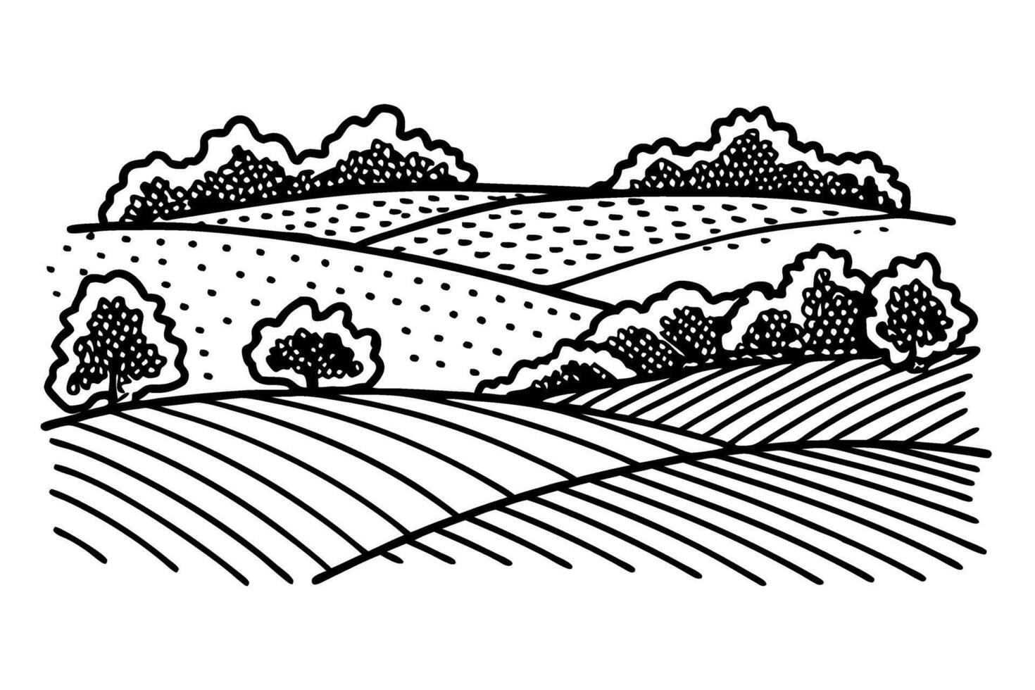 Rolling farmland landscape illustration countryside hills, fields and trees in simple rural drawing vector
