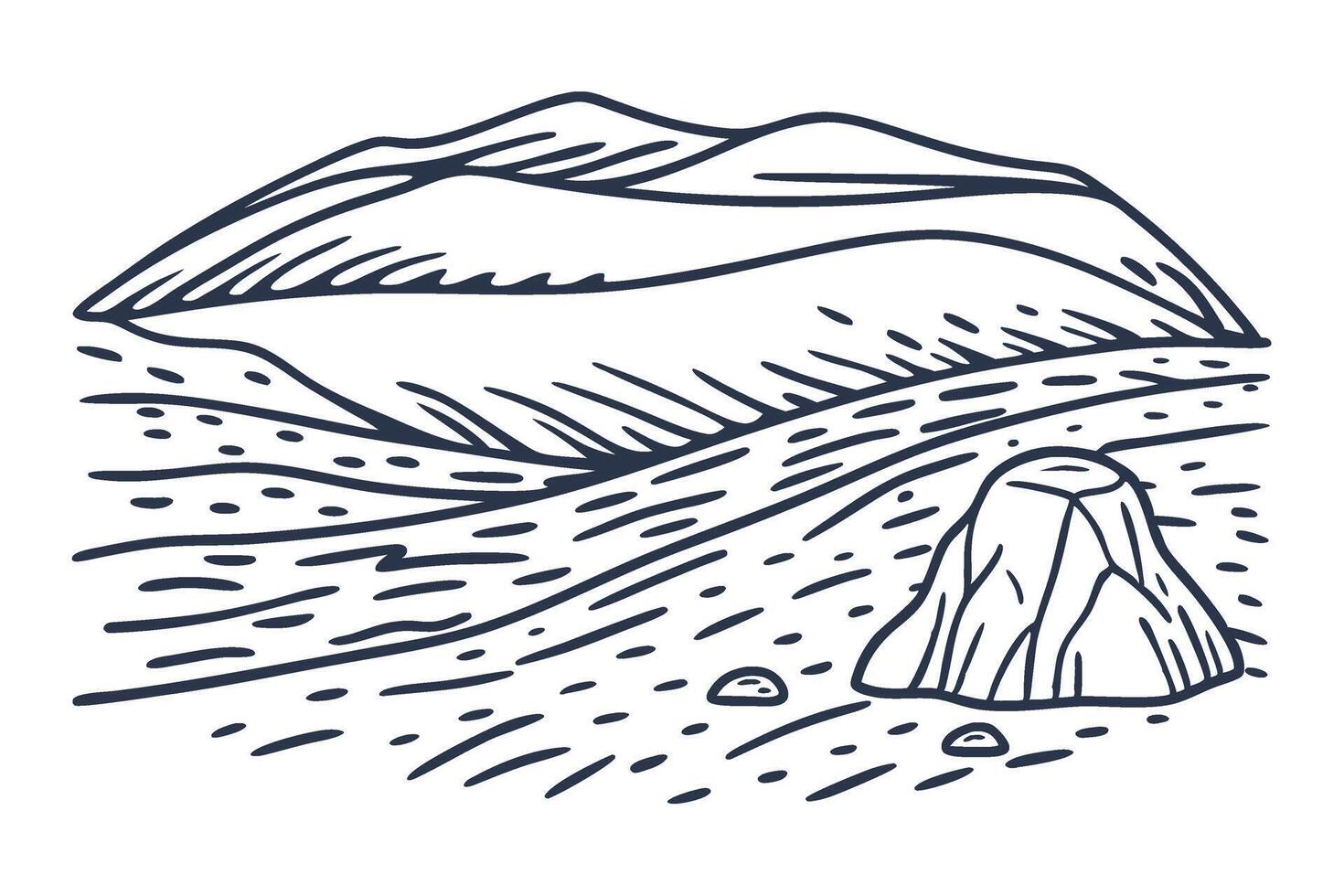 Rolling hills landscape with large rock minimalist mountain terrain illustration, nature sketch line art vector