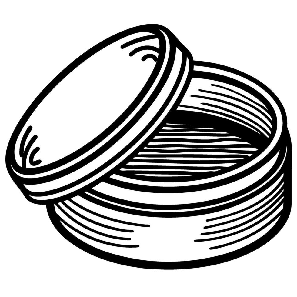 Open round tin container with empty interior simple black sketch, lid angled upward for clear storage illustration vector