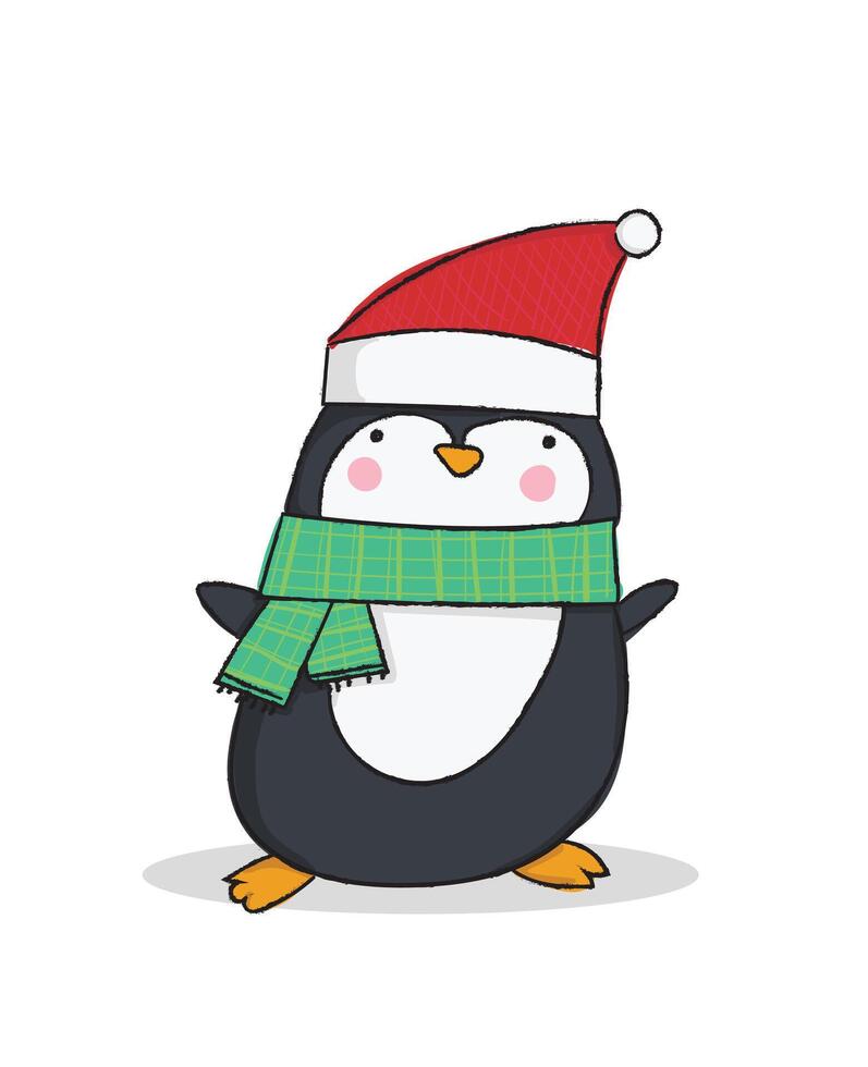 Penguin in Santa hat and scarf vector