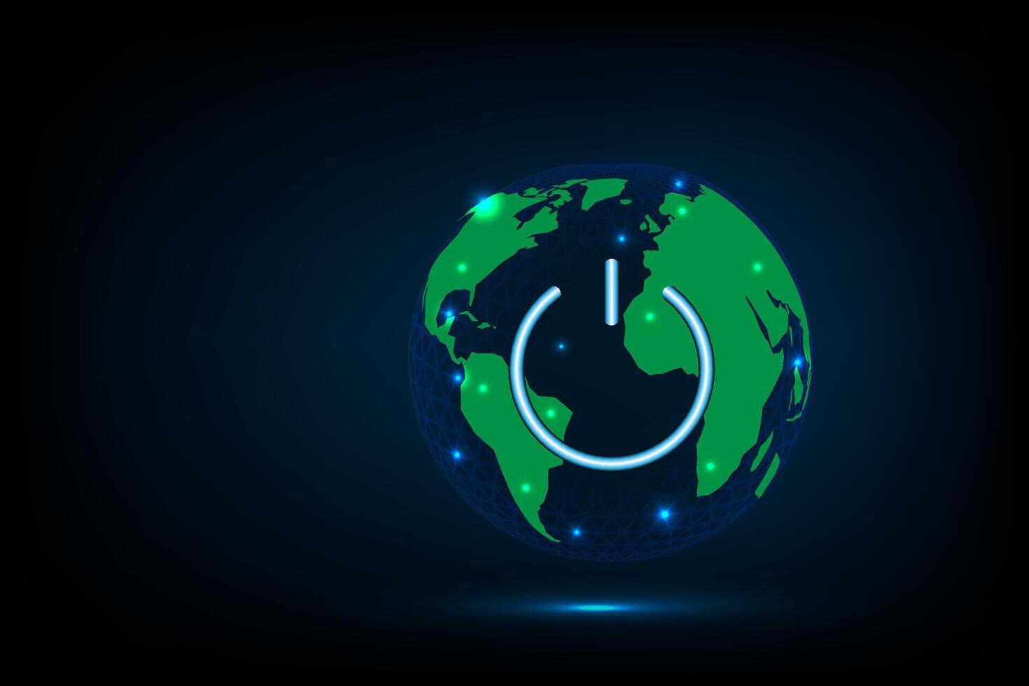 Glowing Earth with a power button symbol at its center, representing global energy, sustainability and digital activation, earth hour concep vector