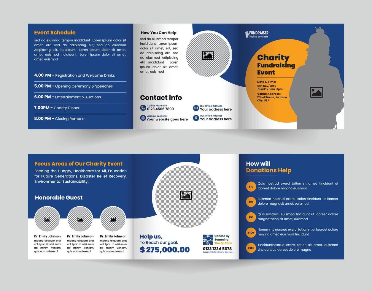 Square tri-fold brochure template designed to effectively raise funds for charity fundraising events, drive donations, and engage supporters for your cause. vector