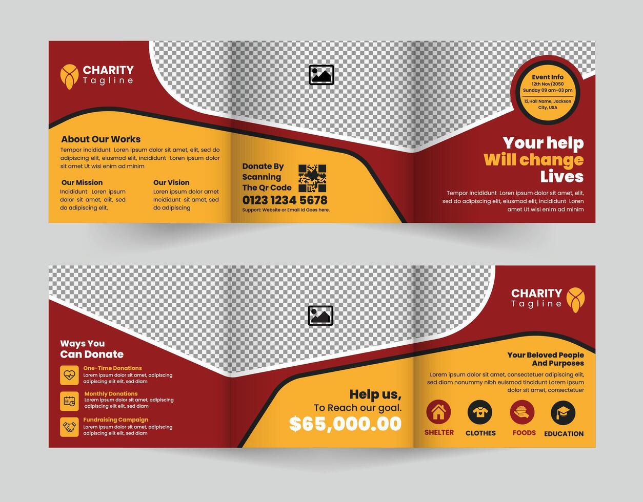 Stylish square tri-fold brochure template to effectively drive charity fundraising events, drive donations, and spread awareness for your cause. vector