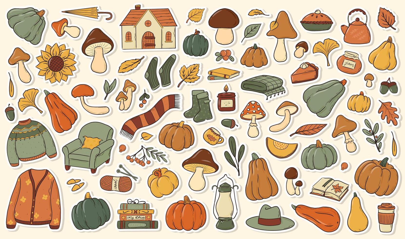 Fall-themed illustration with pumpkins and mushrooms vector