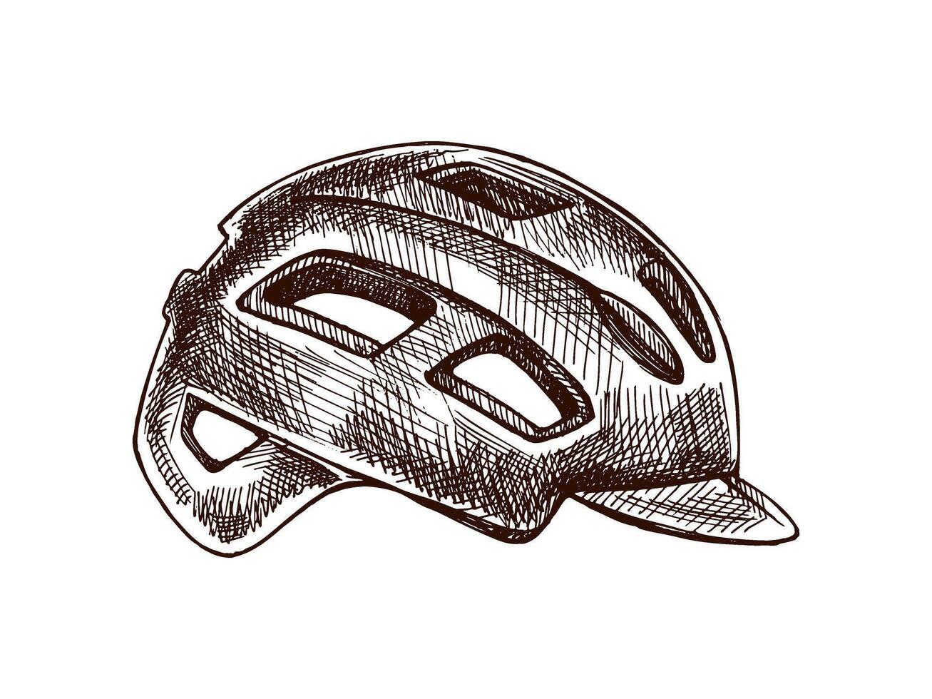 Hand drawn vintage sketch of protective bicycle helmet with air vents and visor, black and white cycling equipment vector