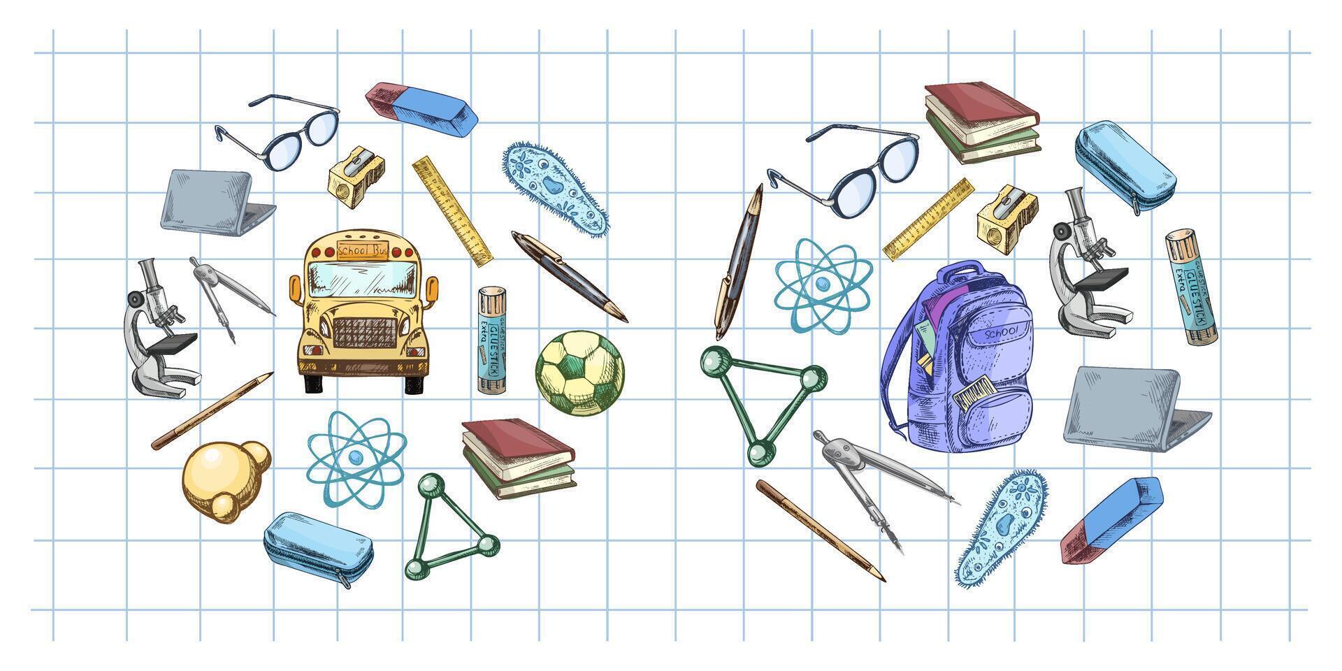 School supplies illustration with a bus and backpack vector