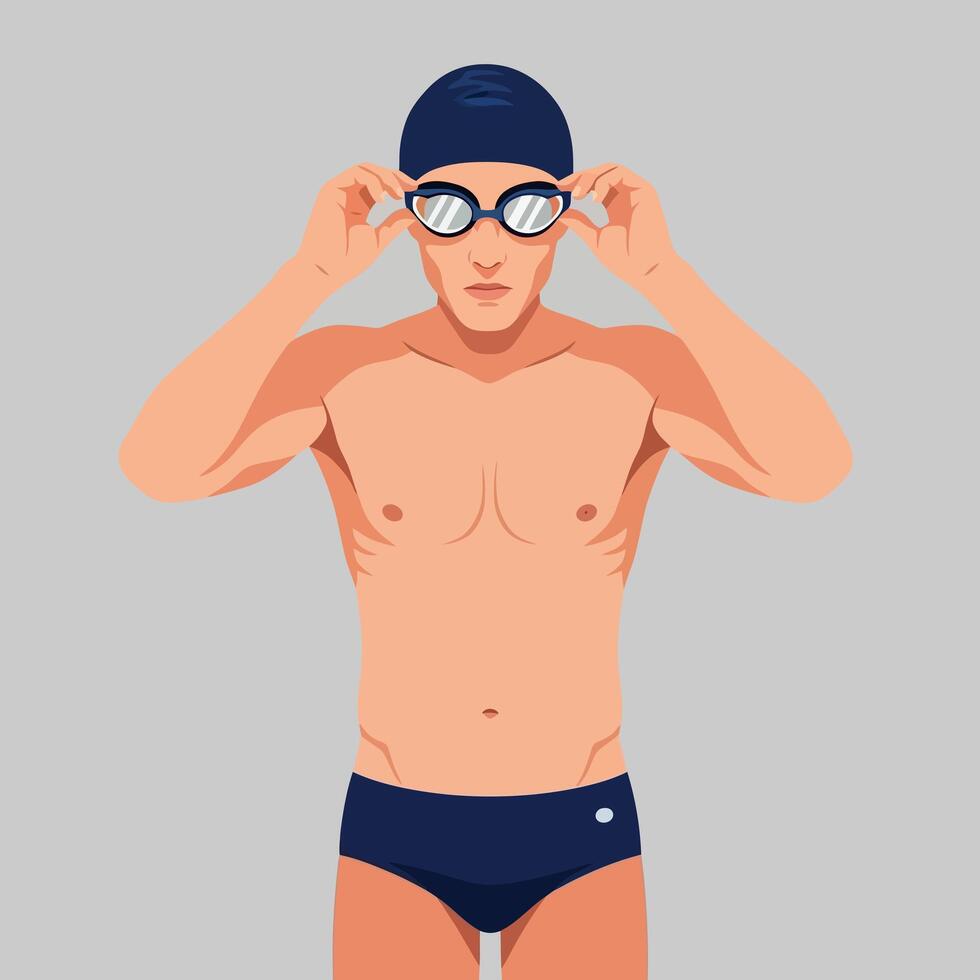 Athletic Man Wearing Swimming Cap and Goggles in Studio Portrait vector