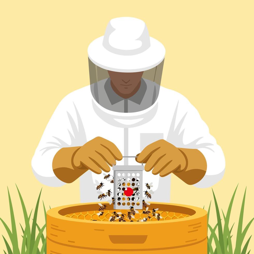 Beekeeper Working with Honeycomb Hive and Bees in Protective Suit on Yellow Background vector