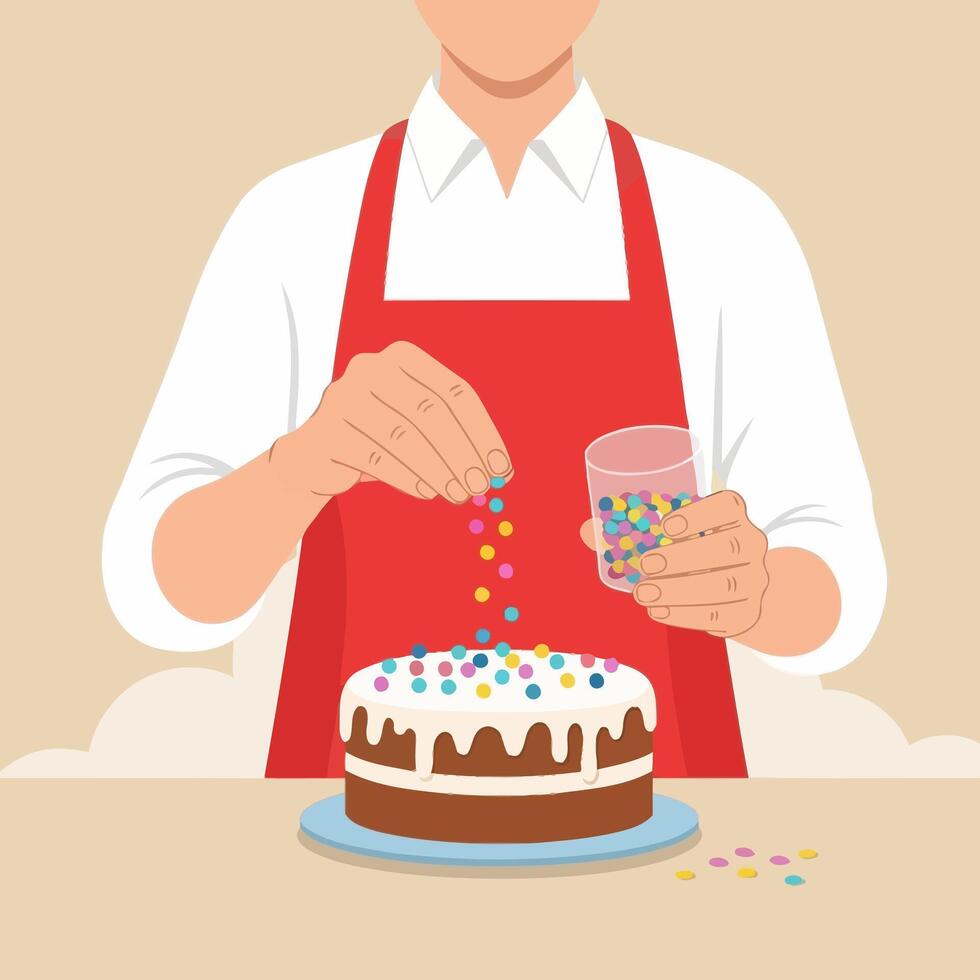 Person Decorating Chocolate Cake with Colorful Sprinkles in Kitchen vector