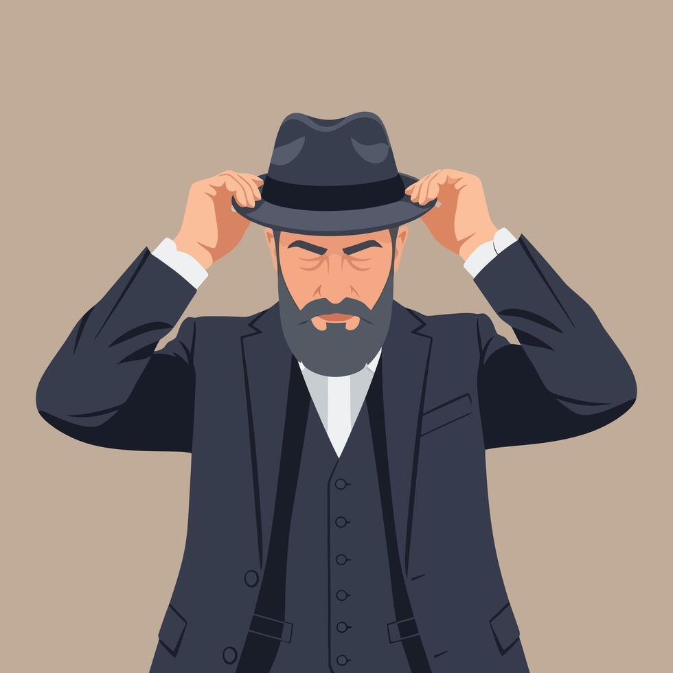Stylish Bearded Man Adjusting Gray Hat Wearing Dark Suit vector