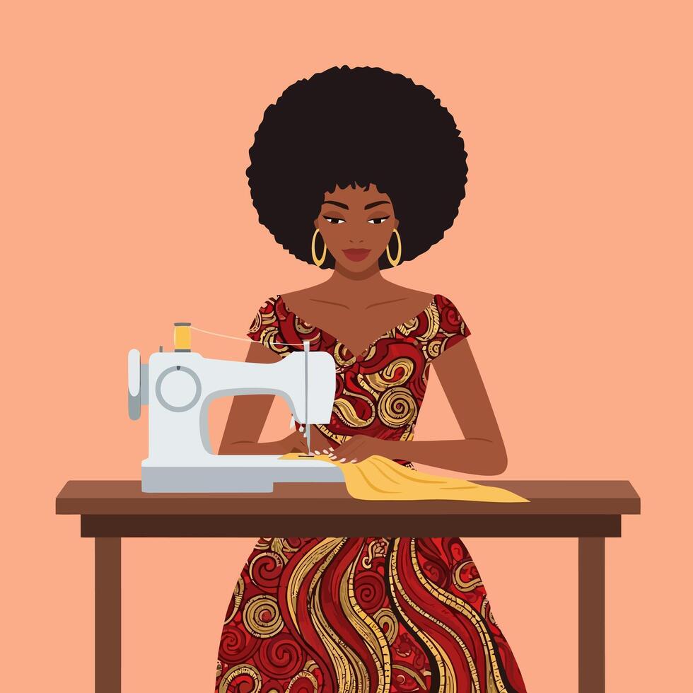 Woman Sewing Dress with Machine Crafting Fashion Design at Home vector