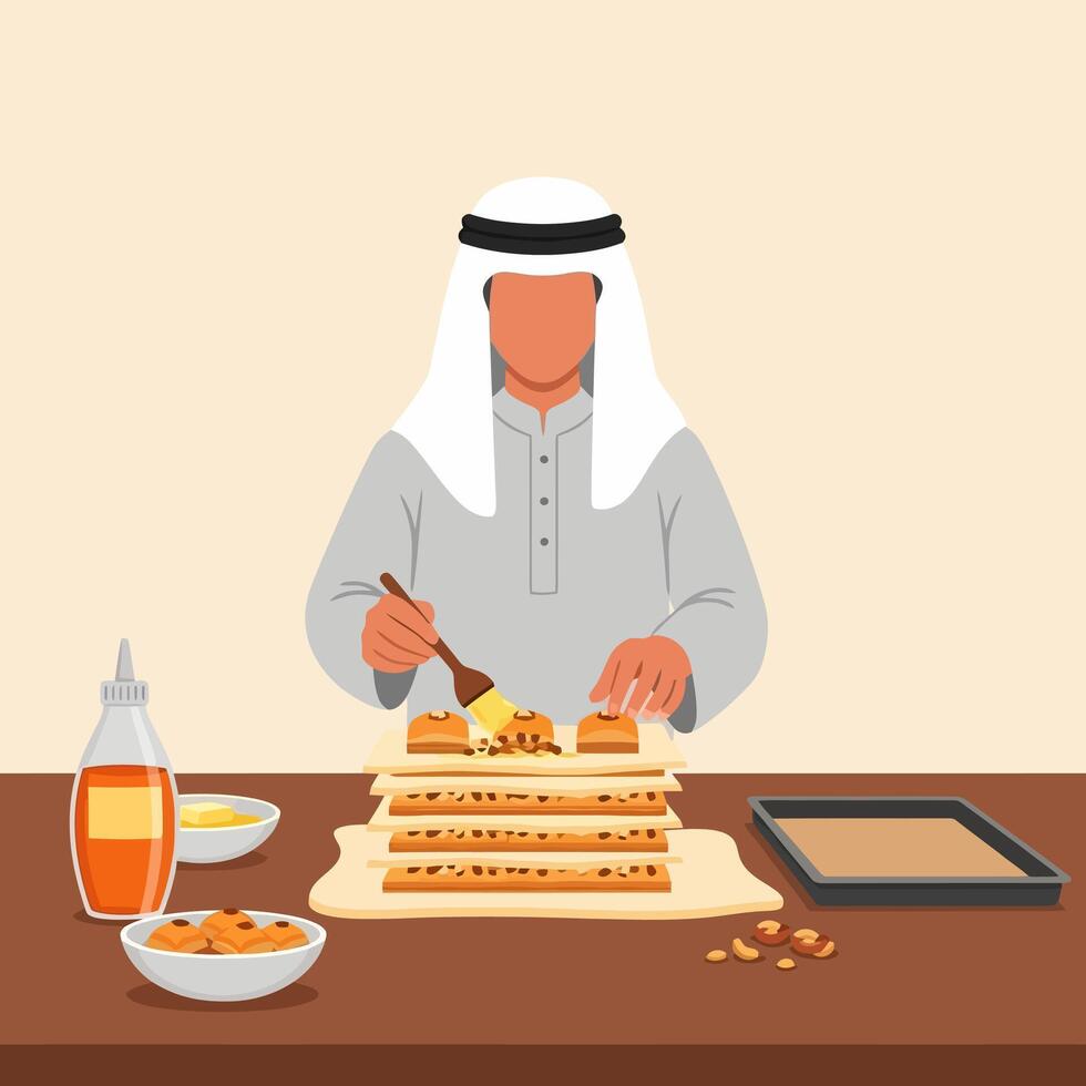 Man Preparing Arabic Pastry with Brush on Wooden Table vector