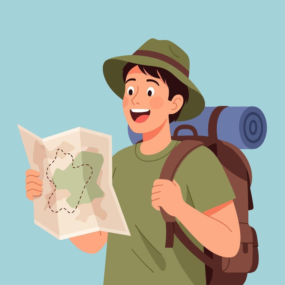 Smiling Hiker Holding Map Wearing Green Hat on Blue Background vector