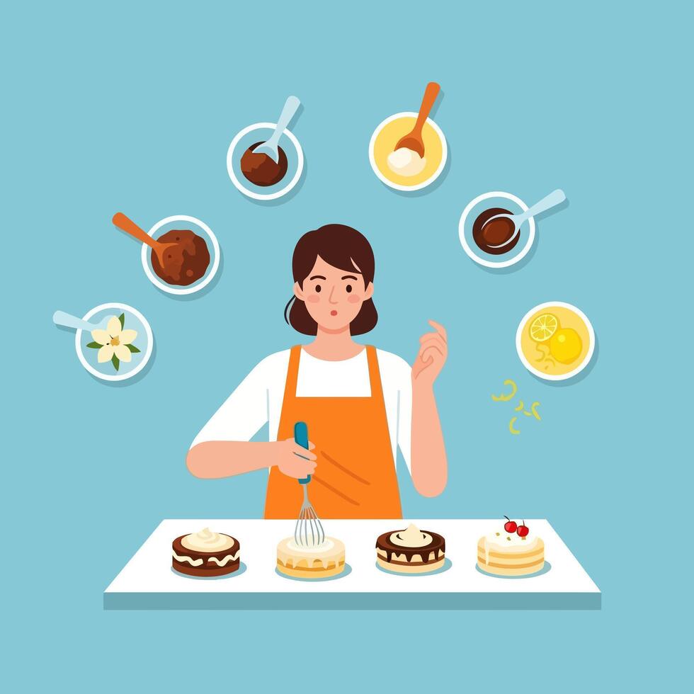 Woman Baking Cakes with Whisk and Ingredients on Blue Background vector