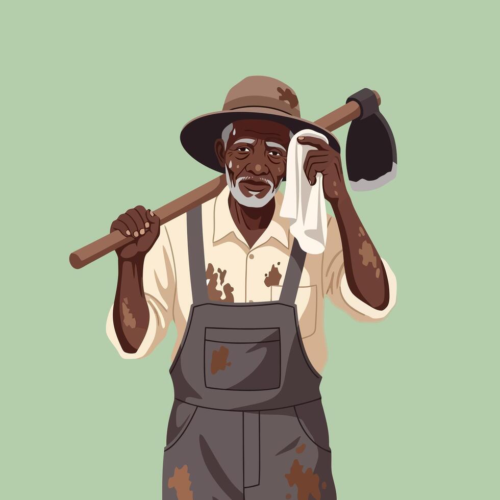 Tired Old Man Wiping Sweat Holding Hoe on Shoulder in Overalls vector