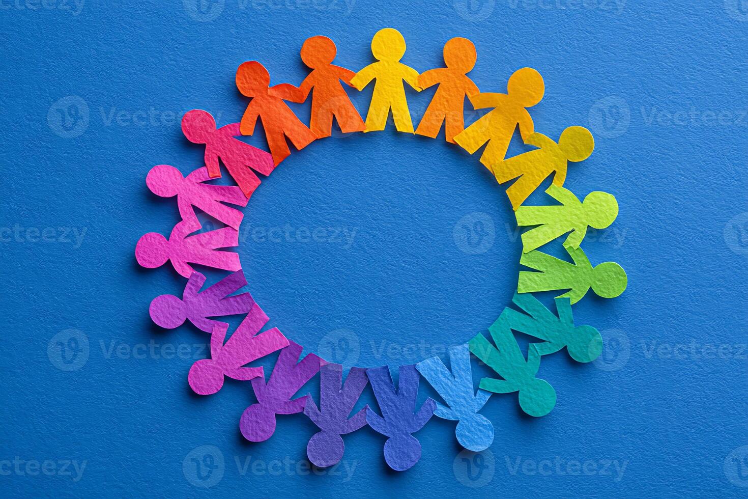 Diversity Circle of Colorful Paper People on Blue Background photo