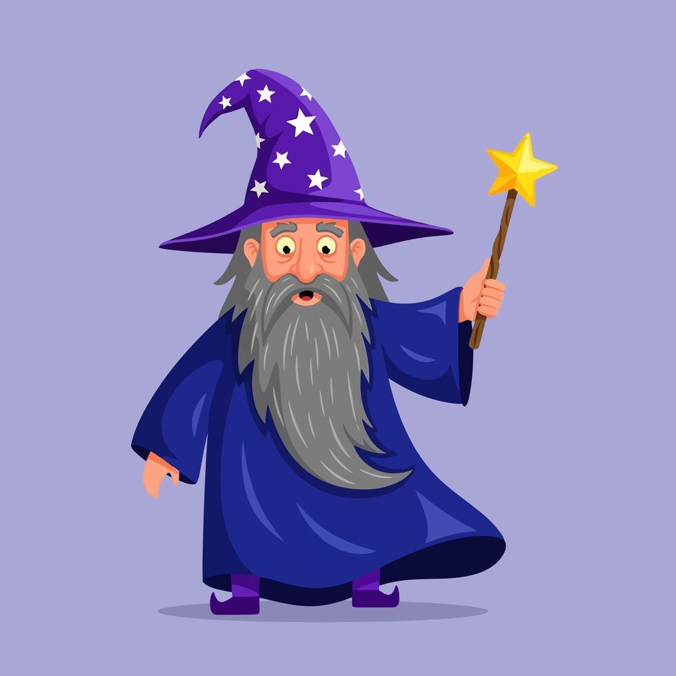 Cartoon Wizard with Gray Beard Holding Star Wand in Purple Outfit vector