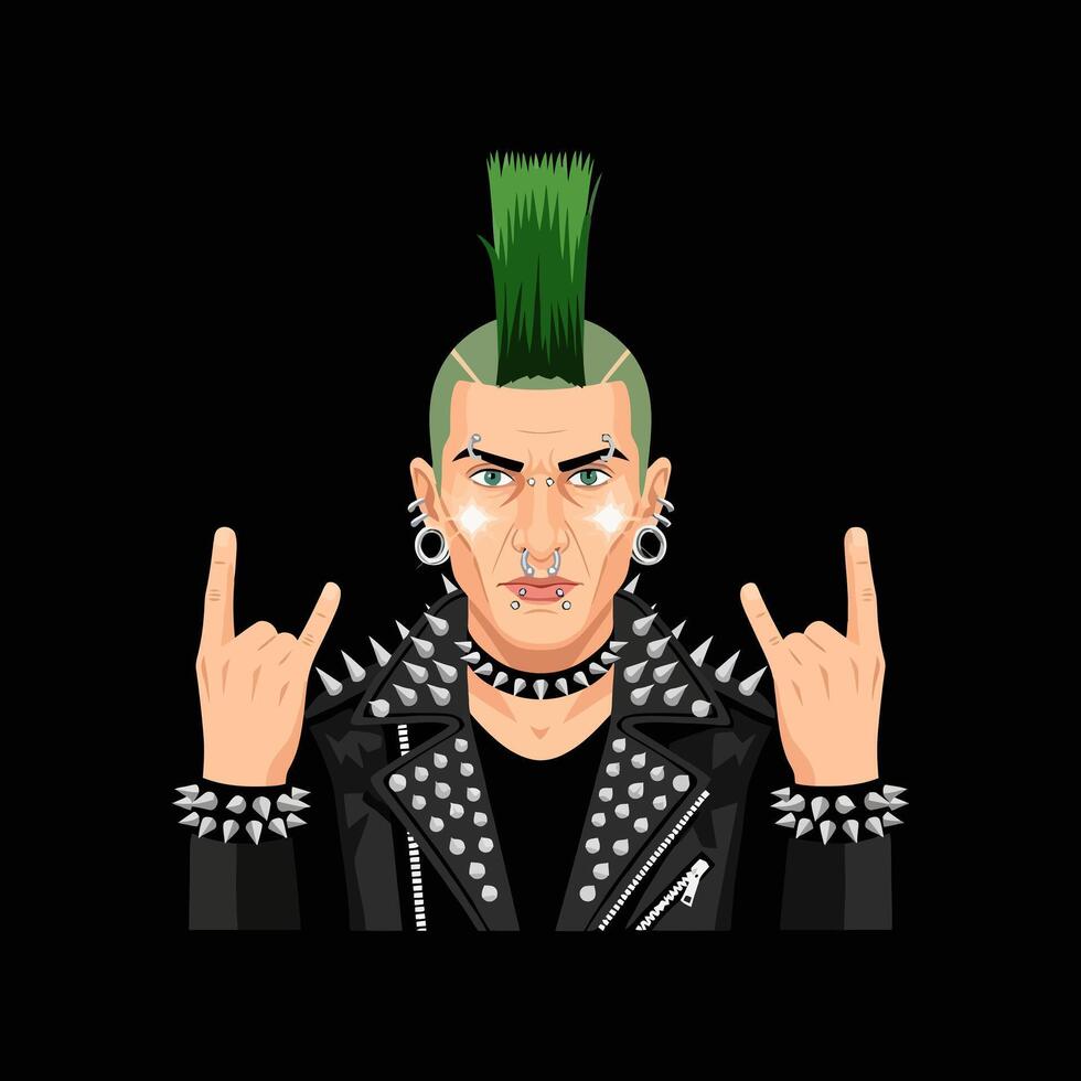 Expressive Punk Man Wearing Spiked Jacket Showing Rock Hand Sign on Black vector