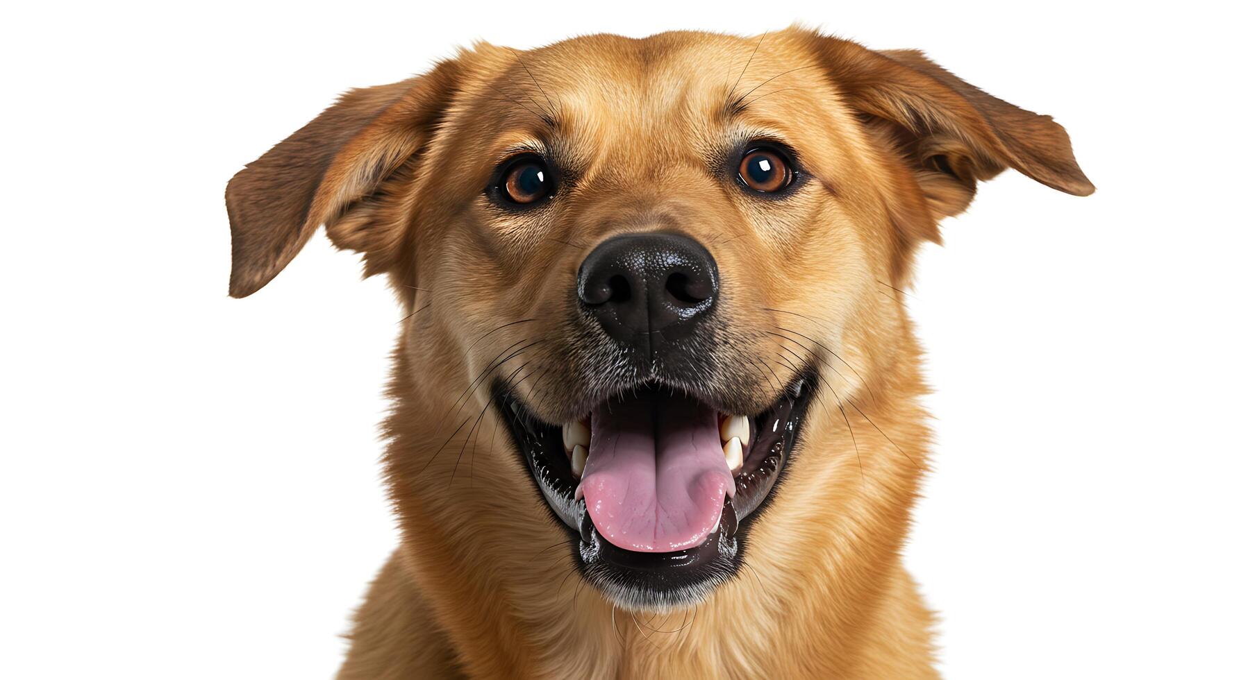 A dog is smiling and looking at the camera photo