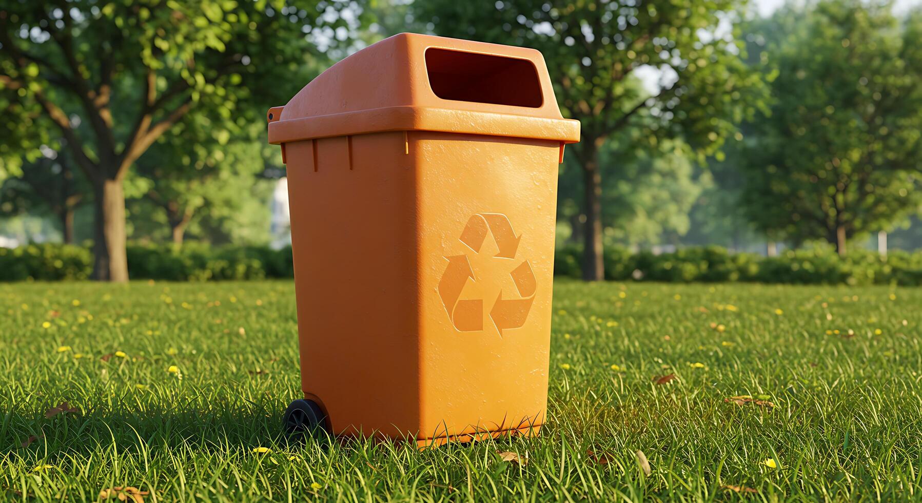 An orange trash can sitting in the grass photo