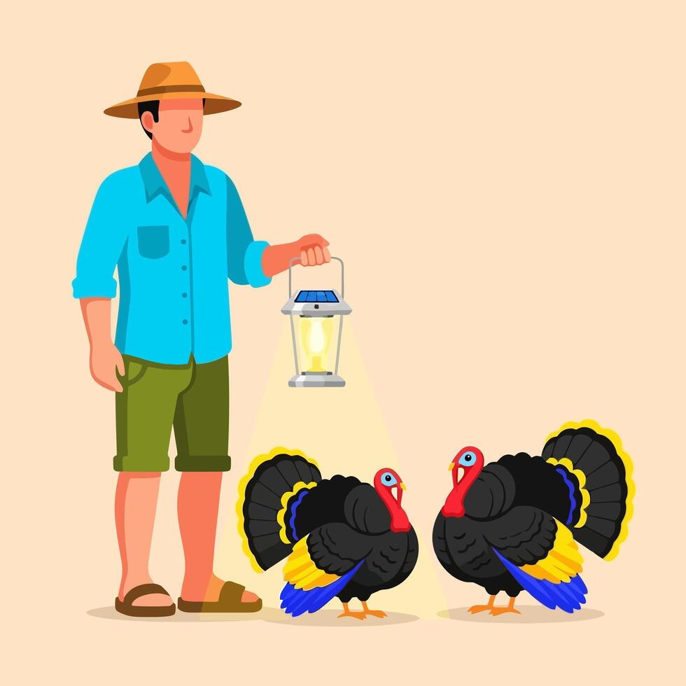 Man Holding Lantern with Two Colorful Turkeys on Beige Background vector