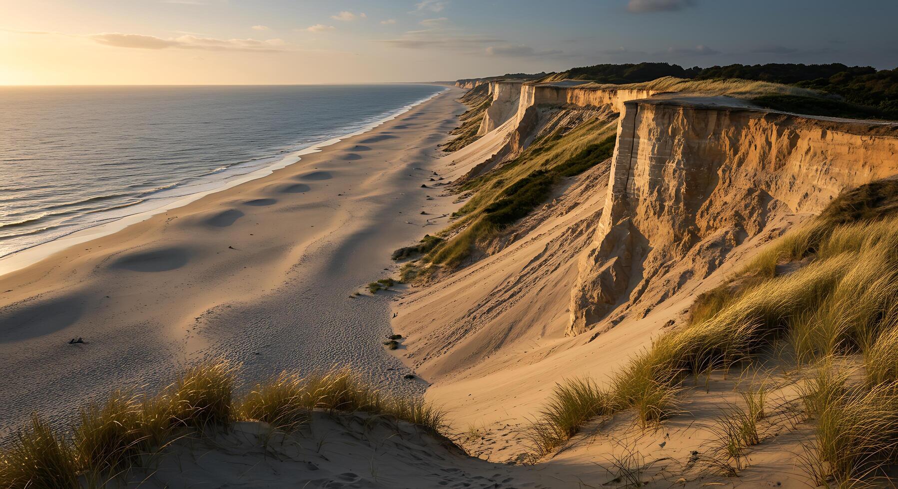 A beach with sand dunes and grass on the shore photo