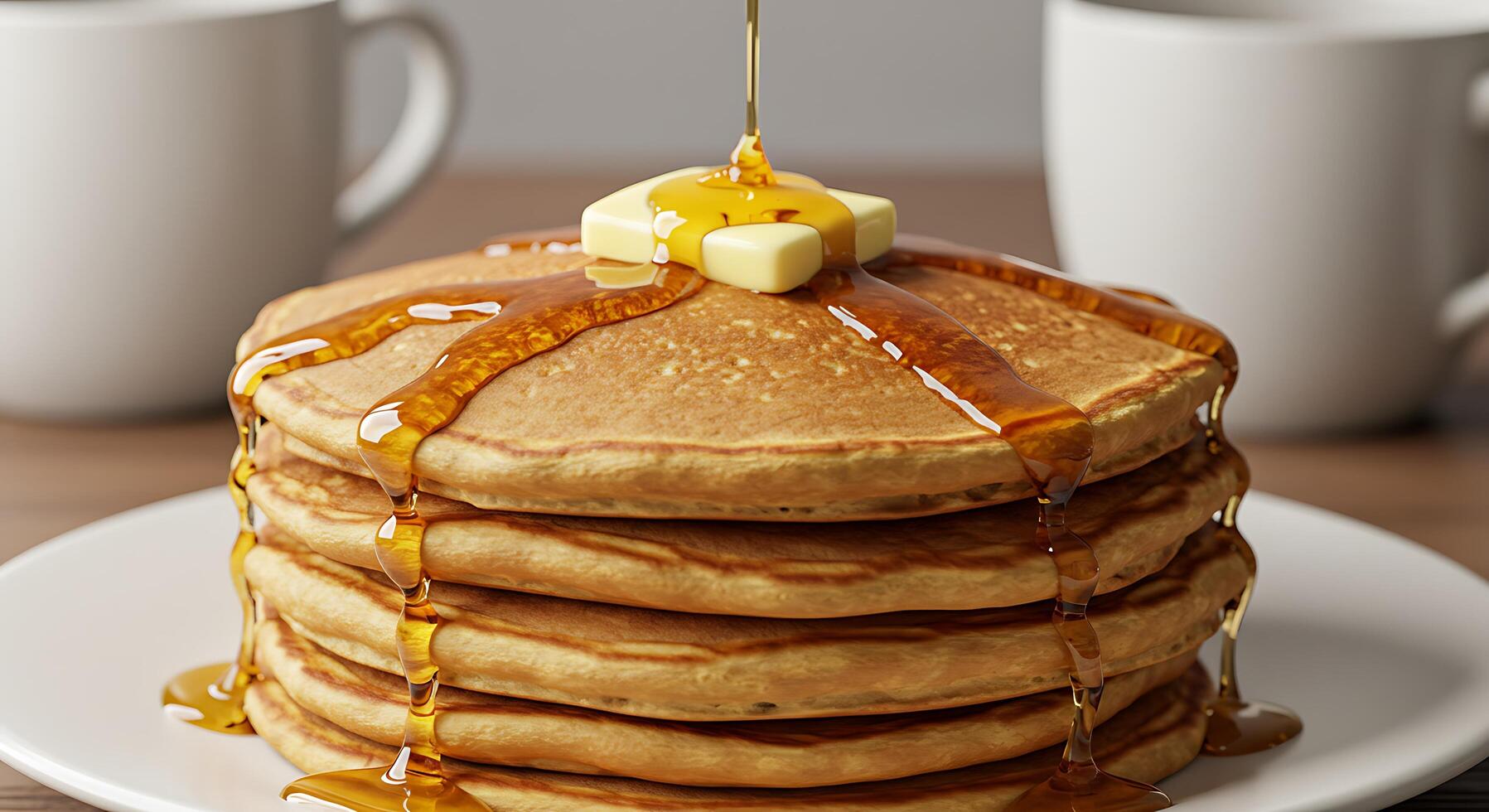 A stack of pancakes on a plate with syrup and butter photo