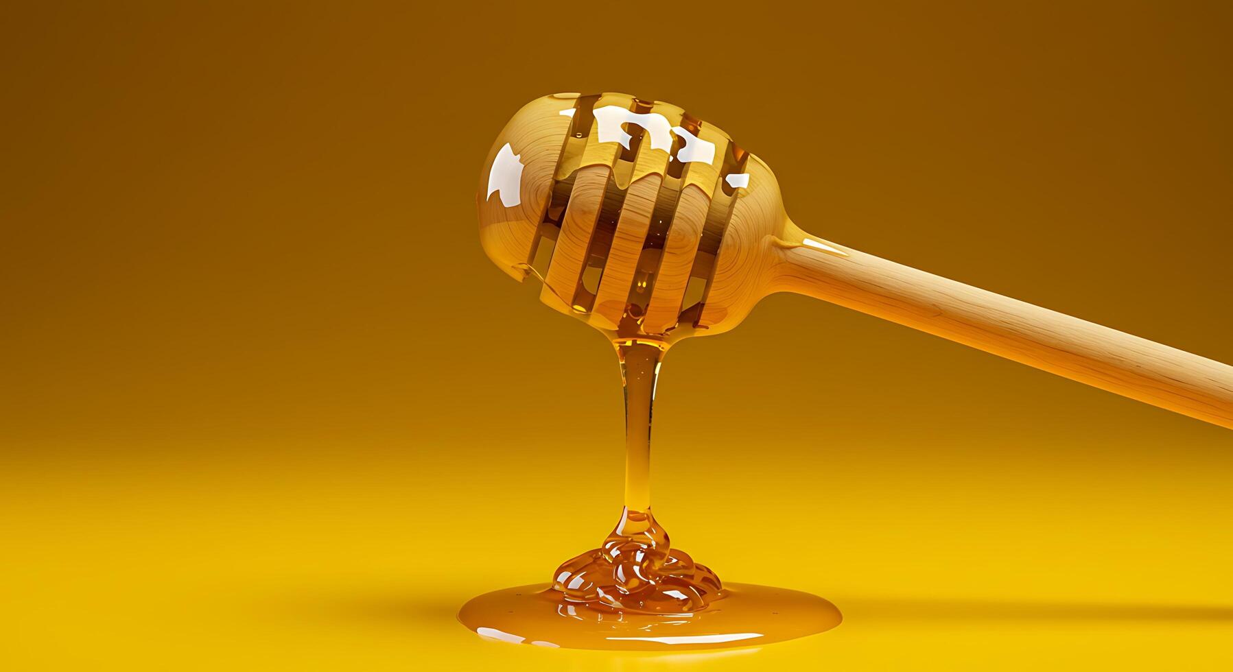 Honey dripping from a wooden stick on a yellow background photo