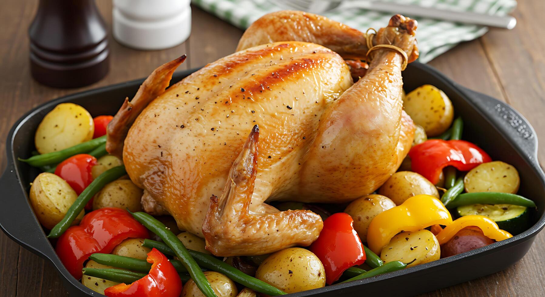 A chicken and potatoes in a pan photo