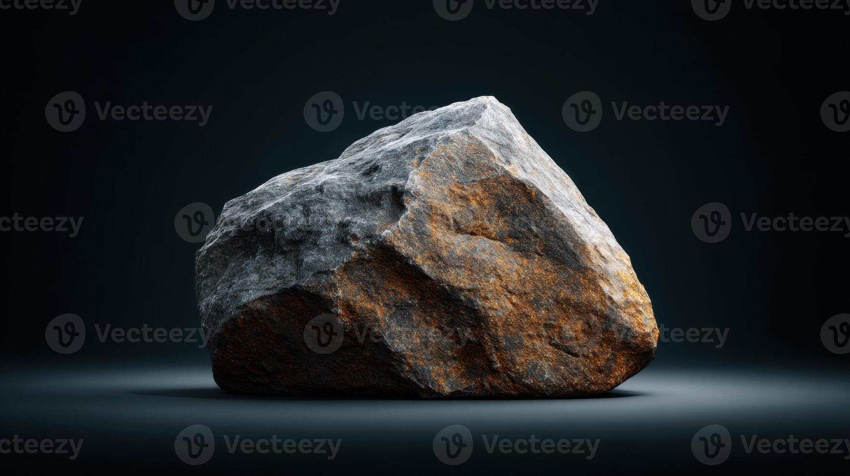 An isolated rock formation, exhibiting shades of gray and brown, rests against a dark, gradient background. photo