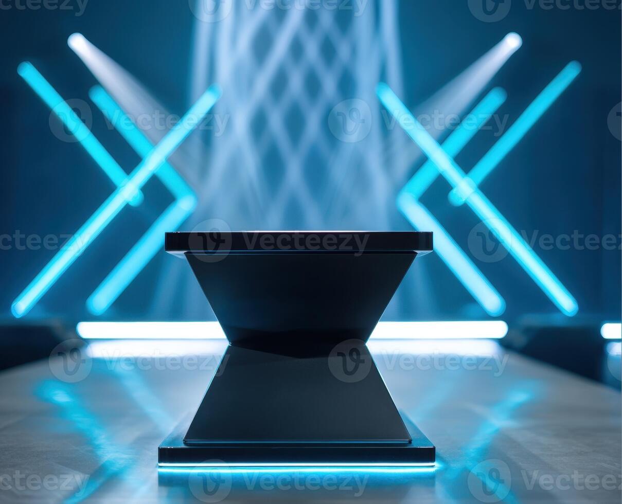 Sleek, geometric platform with glowing lines and blue accent lighting, creating a futuristic presentation stage. photo