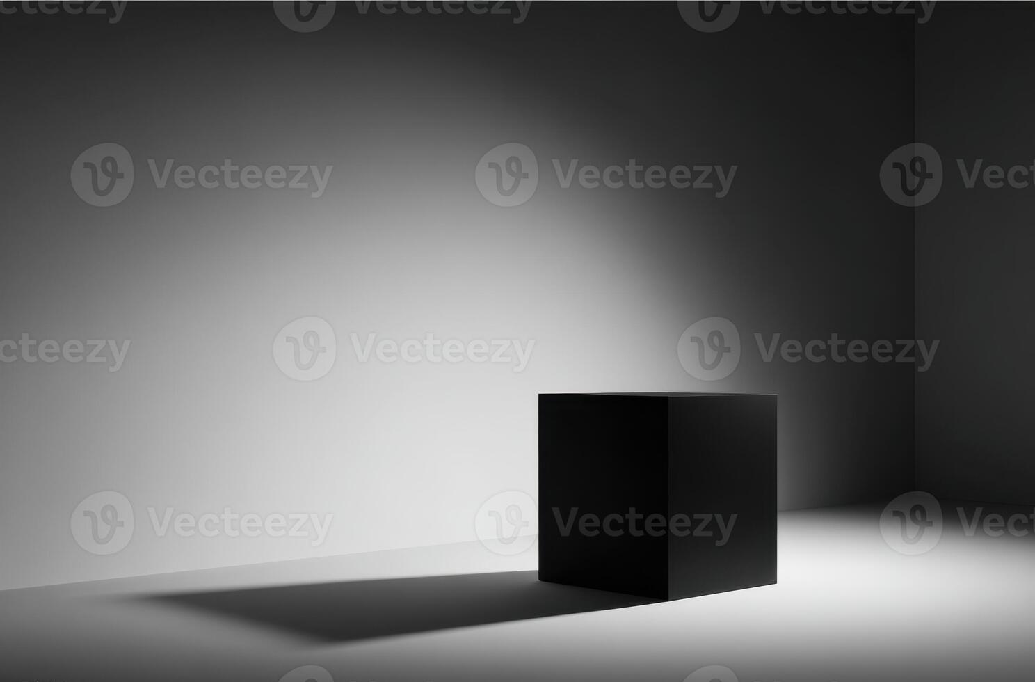 Monochromatic scene featuring a black cube casting a shadow, set against a gradient background. Minimalist style. photo