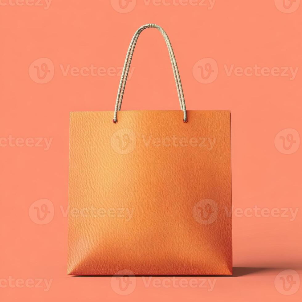 Eye-level, full shot of an empty, orange, square bag with handle on orange background and copy space photo