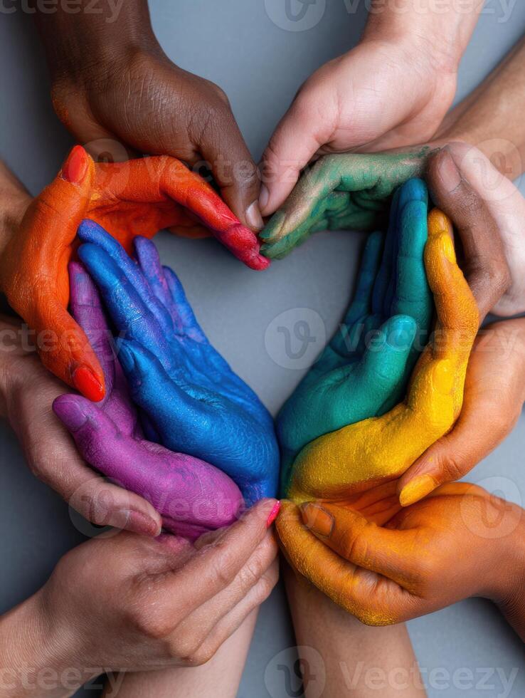 Hands of Diversity Creating a Rainbow Heart Symbolizing Pride and Inclusivity in a Vibrant Display of Unity photo