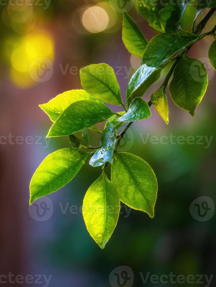 Lemon Tree Branch Illuminated by Backlight With Vibrant Green Leaves and Soft Bokeh in the Background photo