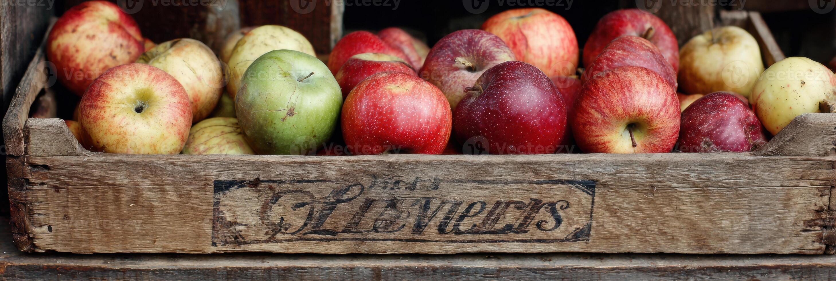 Vintage Crate Filled With Assorted Apples Showcasing Hand-Lettered Label and Rustic Charm photo