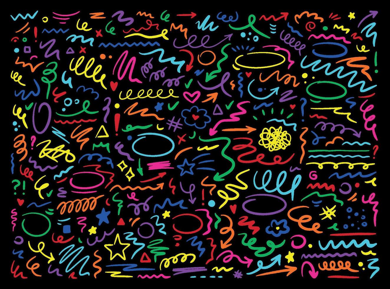 Marker scribble elements collection. Grunge hand drawn shapes, icons, strokes, underlines, wave brush marks. Colored set isolated on black background. vector